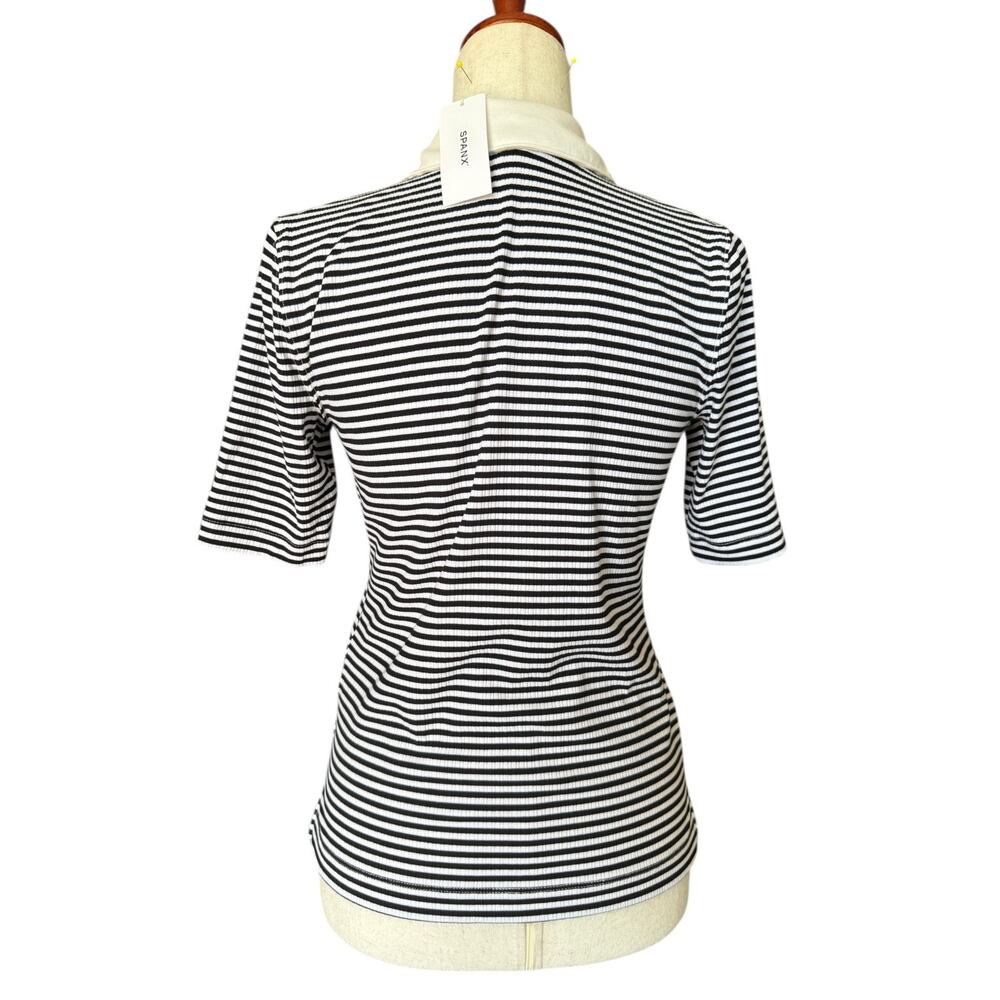 Spanx Striped Polo Top Black White Stretch Stretch Fit Short Sleeve Size M NWT - Picture 3 of 6